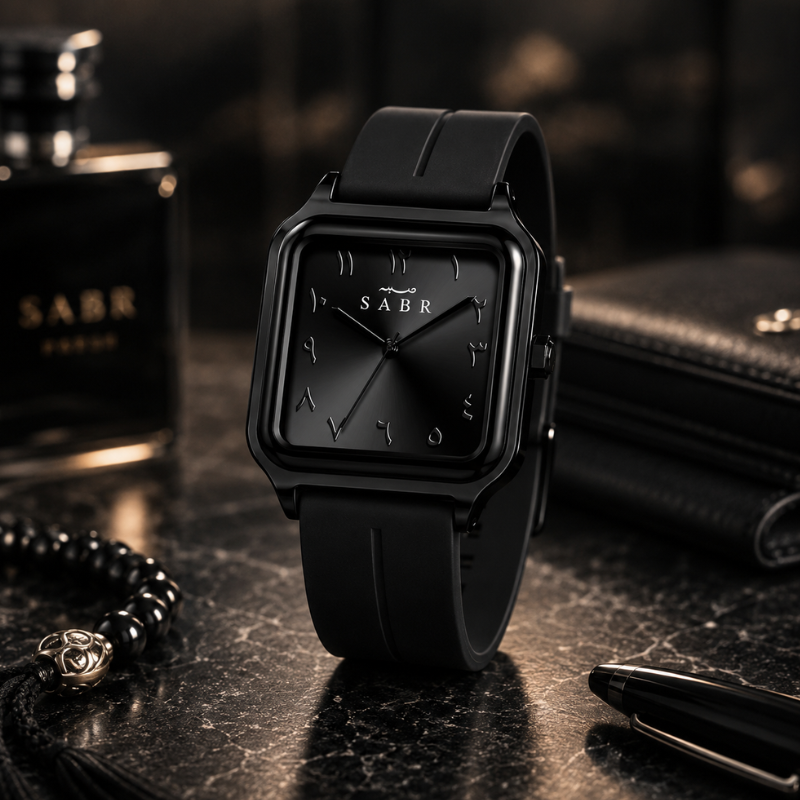 Montre « SABR » avec Chiffres Arabe Cadran Argent et Bracelet en Silicone Noir Waqti Store