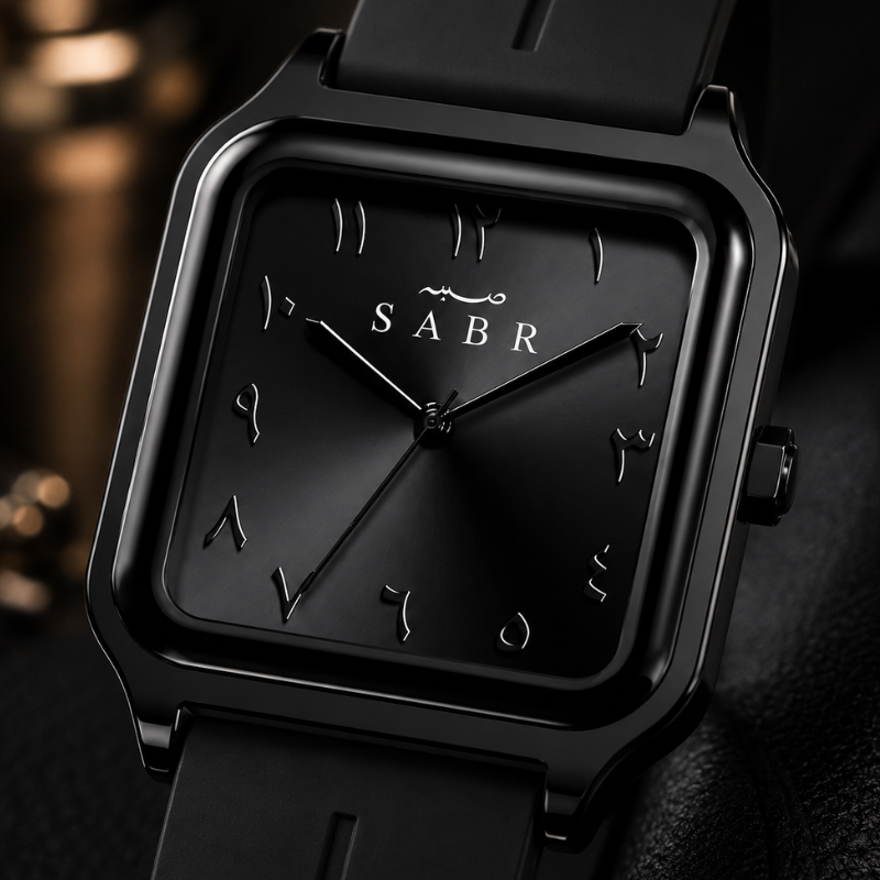 Montre « SABR » avec Chiffres Arabe Cadran Argent et Bracelet en Silicone Noir Waqti Store